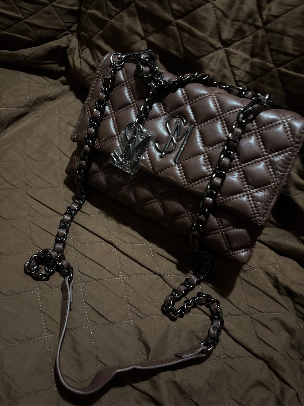 Steve Madden Quilted Chocolate Brown Shoulder Bag with Chain Strap